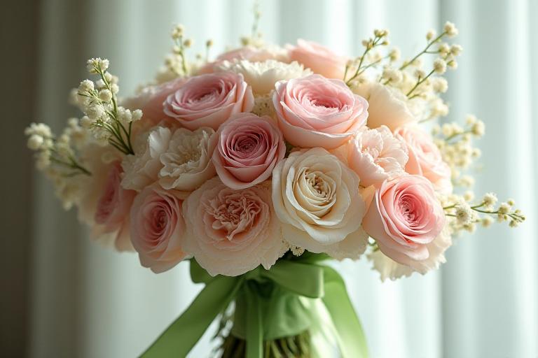 Bouquet néo-victorien style Regency avec pivoines et rubans de soie