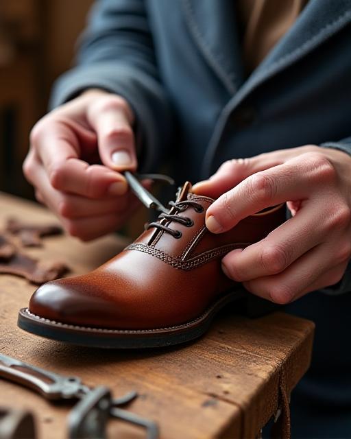革靴を丁寧に仕上げる職人の手元